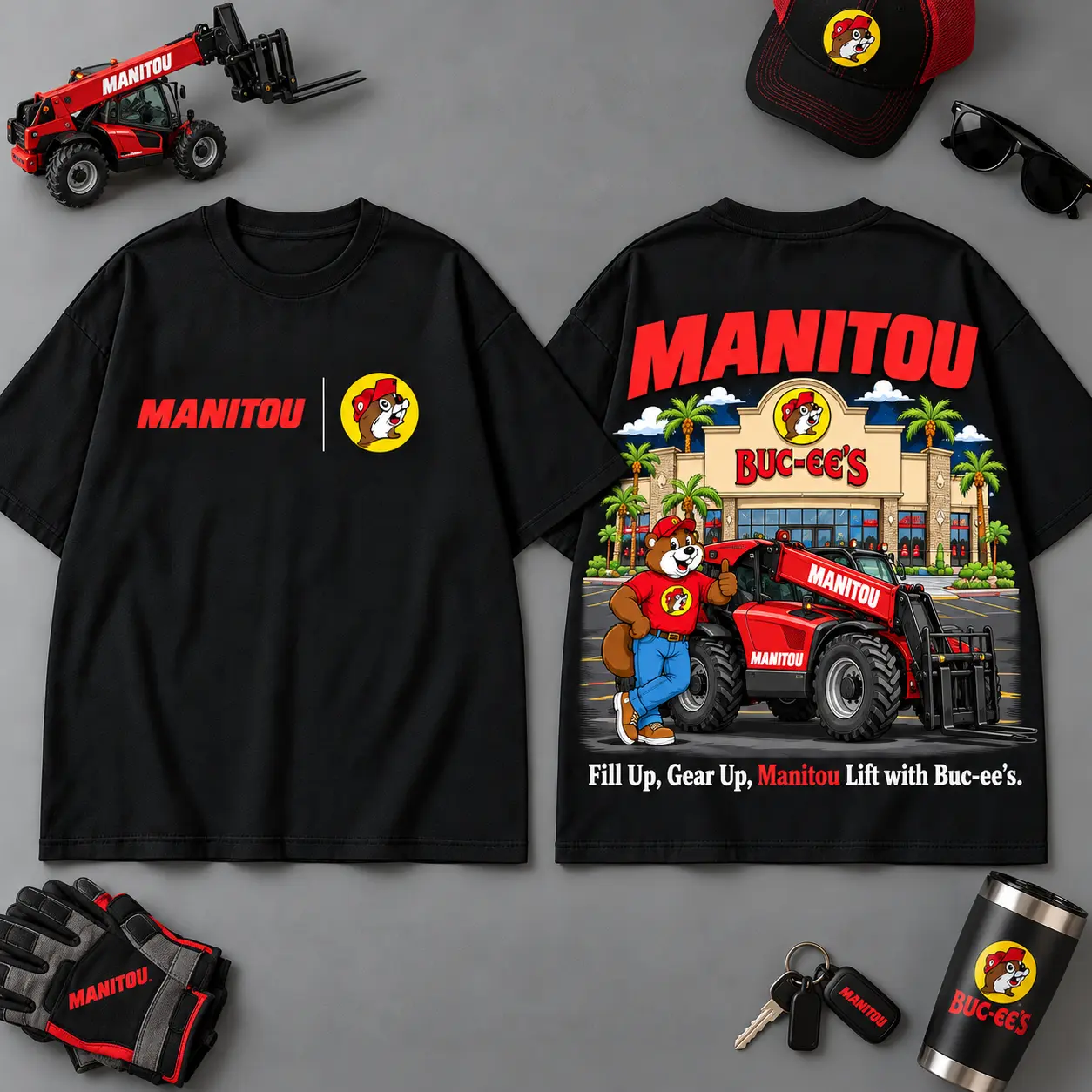 Buc-ee's MANITOU Construction Collage 3D T-Shirt For Heavy Equipment Road Trip Collectors NDN Black