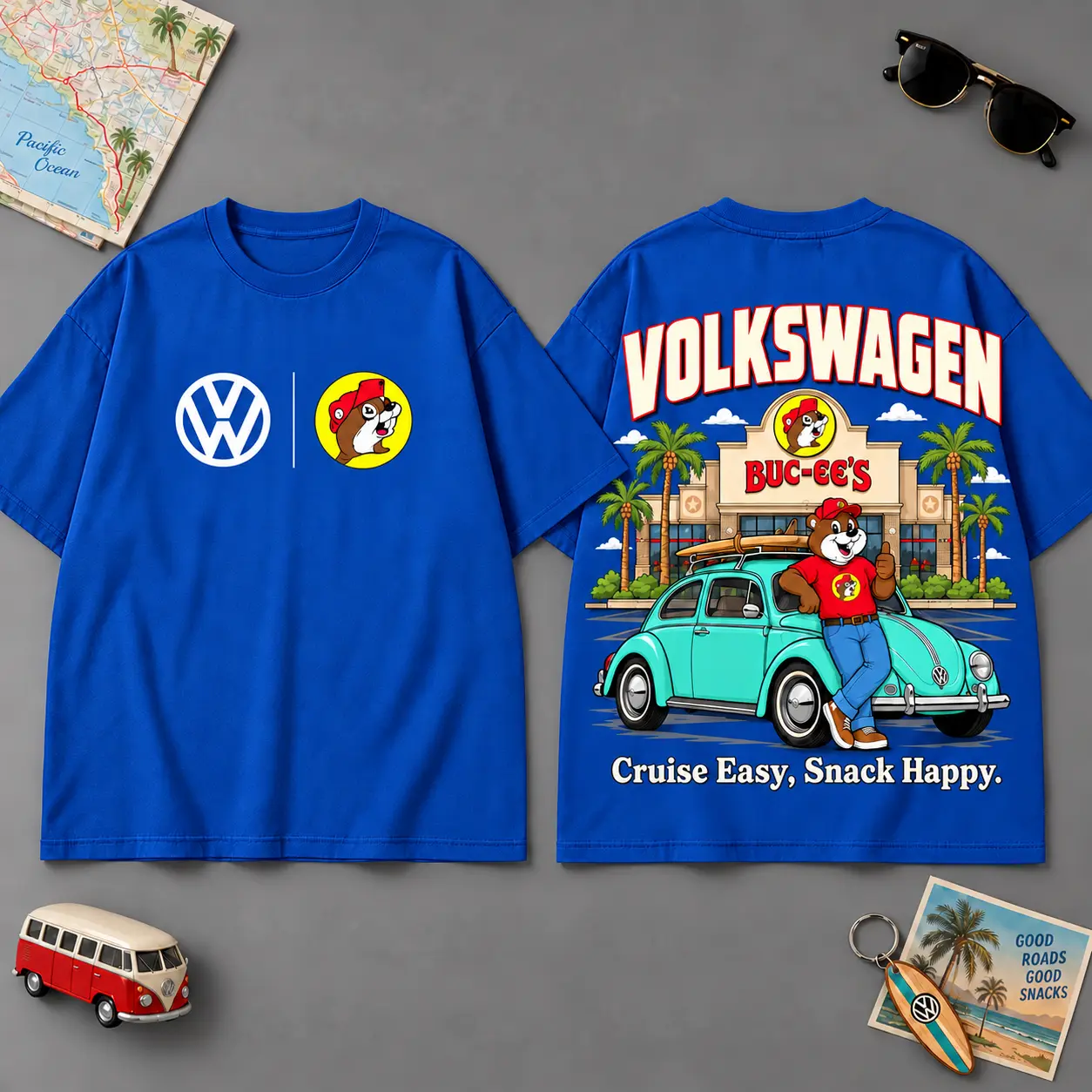 Buc-ee's Volkswagen Easy Cruise Road Trip 3D T-Shirt For Classic Car Fans NDN Blue