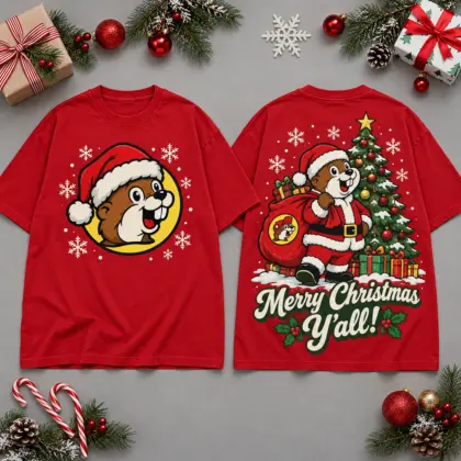 Buc-ee's Merry Christmas Y'all Santa Train Scene All Over Print T-Shirt For Festive Holiday Road Trips NDN Red