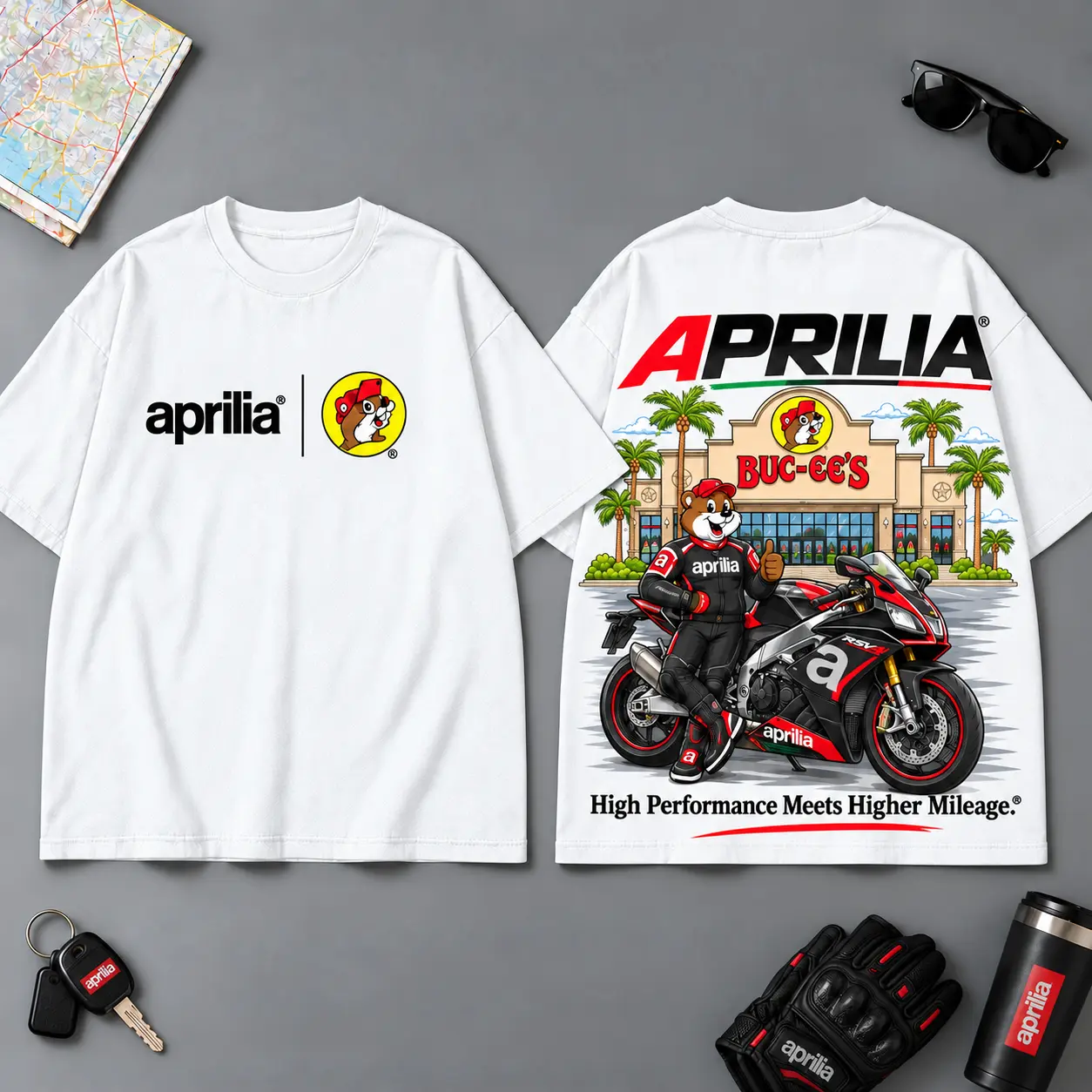 Buc-ee's Aprilia High Performance Meets Higher Mileage 3D T-Shirt For Motorcycle Adventure Riders NDN White