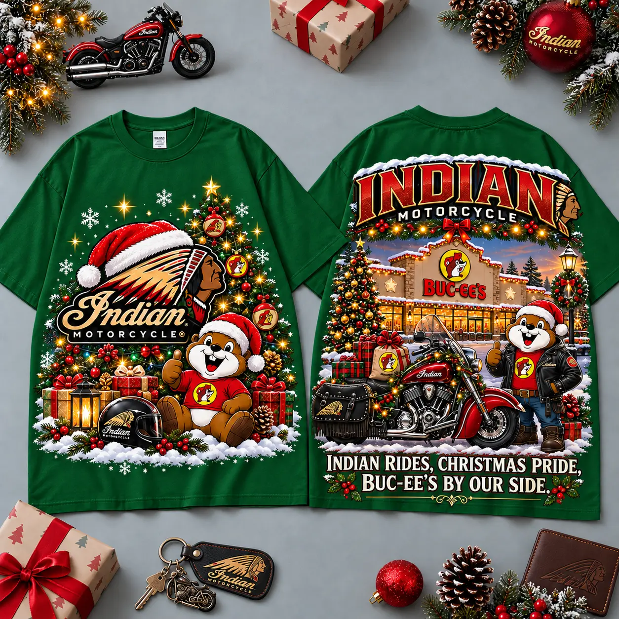Buc-ee's Indian Motorcycle Christmas Cabin Motorcycle Print T-Shirt For Festive Winter Road Trips NDN Green