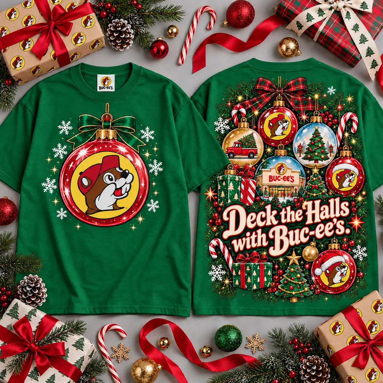 Buc-ee's Deck The Halls Buc-ee's Ornament Design All Over Print T-Shirt For Festive Holiday Road Trips NDN Green