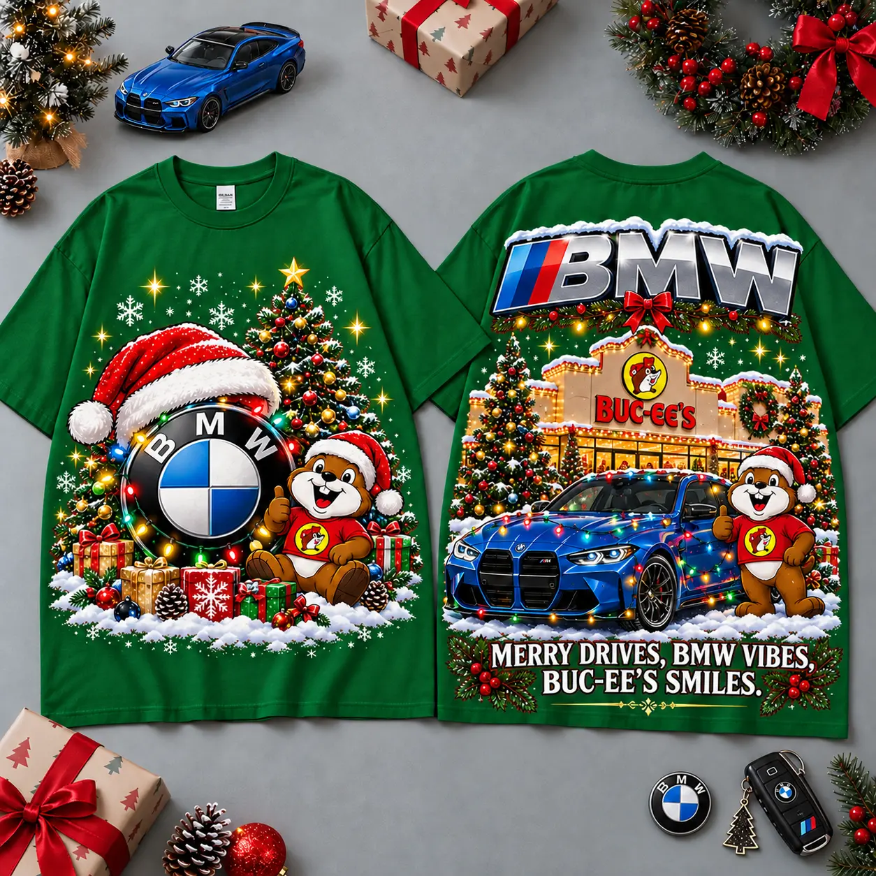 Buc-ee's BMW Christmas Cabin Car Print T-Shirt For Festive Winter Road Trips NDN Green