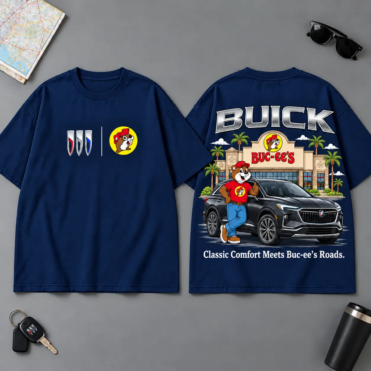 Buc-ee's Buick Wheels Of Style Road Trip 3D T-Shirt For Adventure Drivers NDN Navy