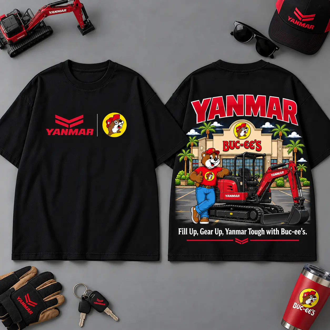 Buc-ee's YANMAR Construction Collage 3D T-Shirt For Heavy Equipment Road Trip Collectors NDN Black