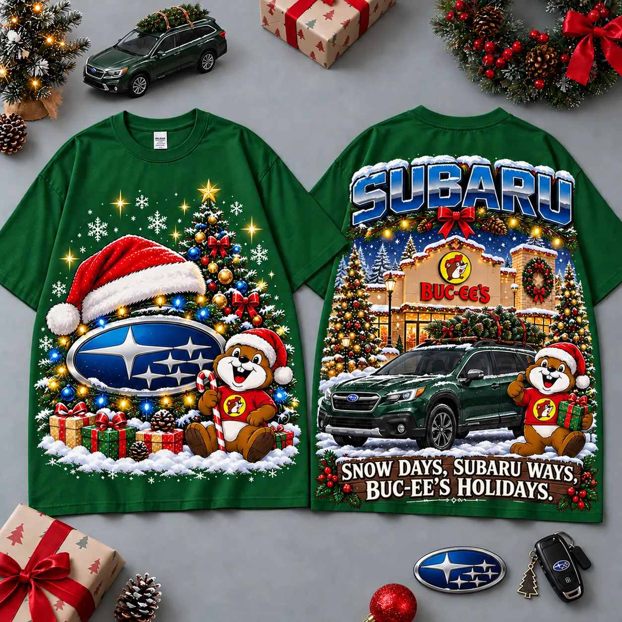 Buc-ee's Subaru Christmas Cabin Car Print T-Shirt For Festive Winter Road Trips NDN Green
