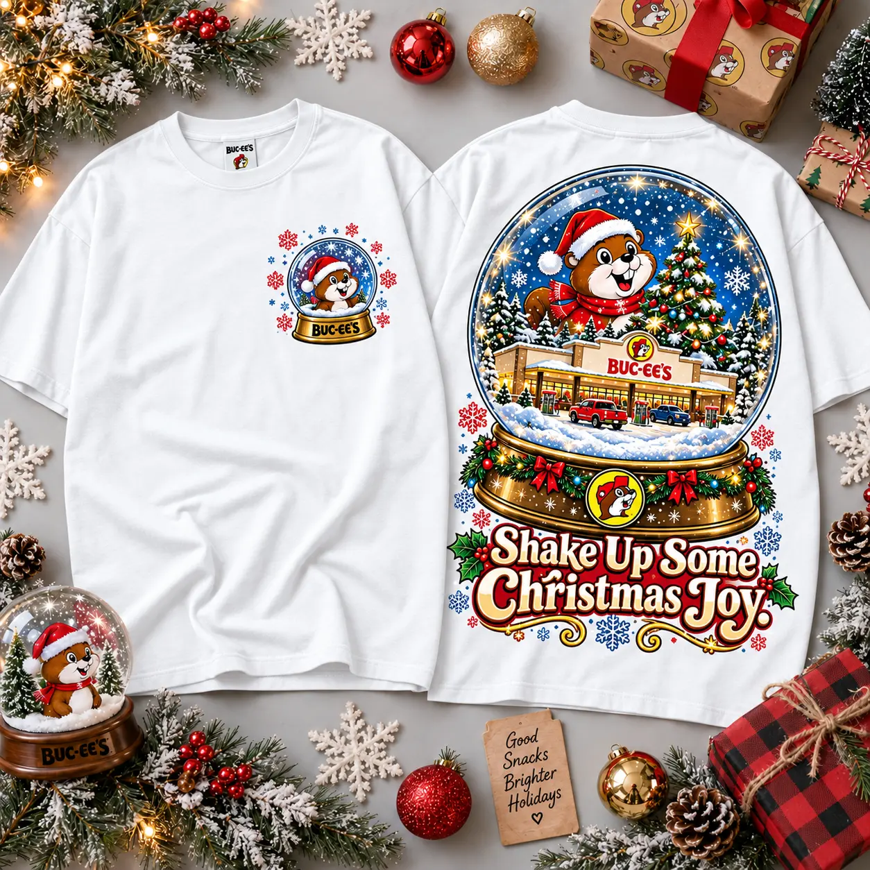 Buc-ee's Shake Up Christmas Joy Snow Globe Scene All Over Print T-Shirt For Festive Holiday Road Trips NDN White
