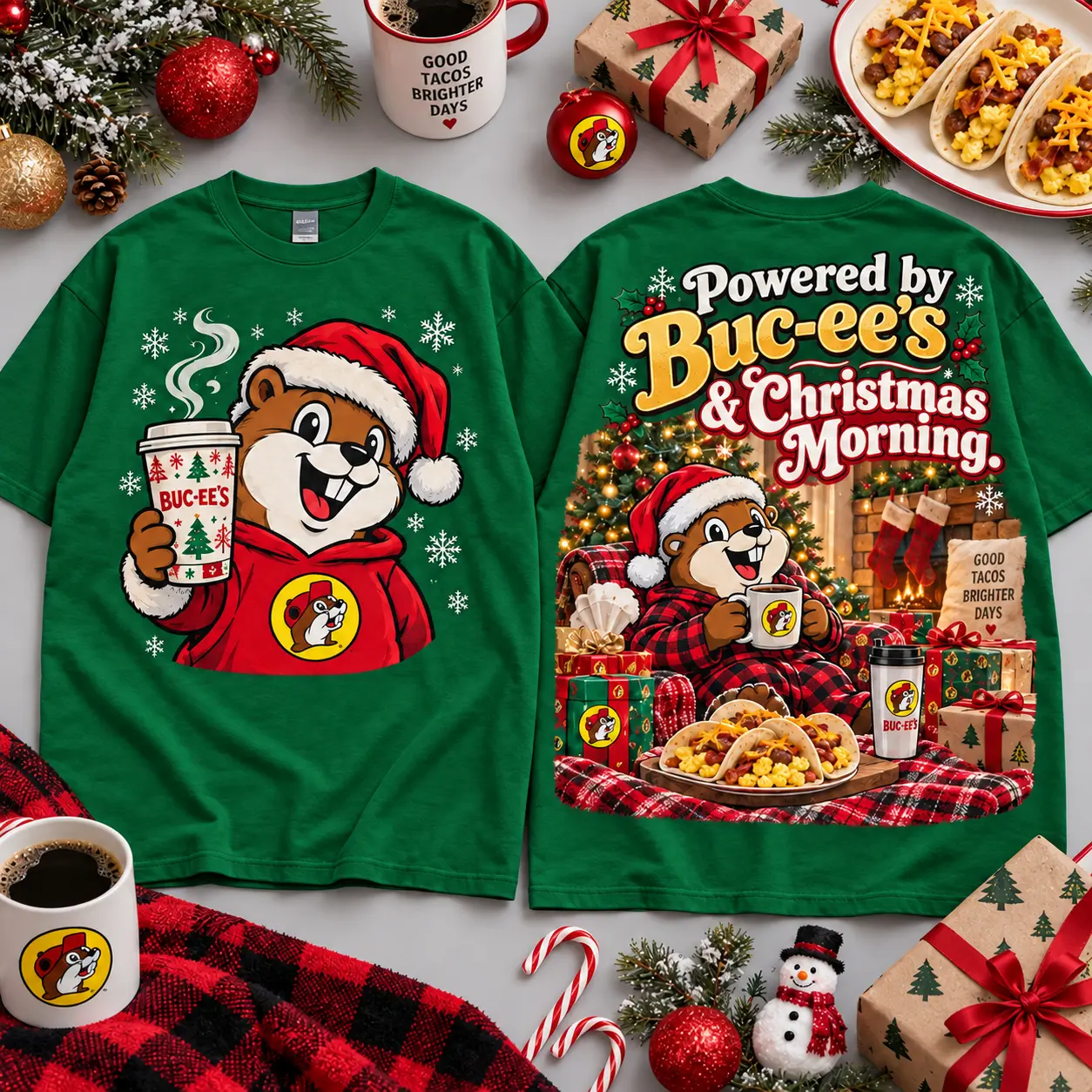 Buc-ee's Powered By Christmas Morning Breakfast Design All Over Print T-Shirt For Festive Holiday Road Trips NDN Green