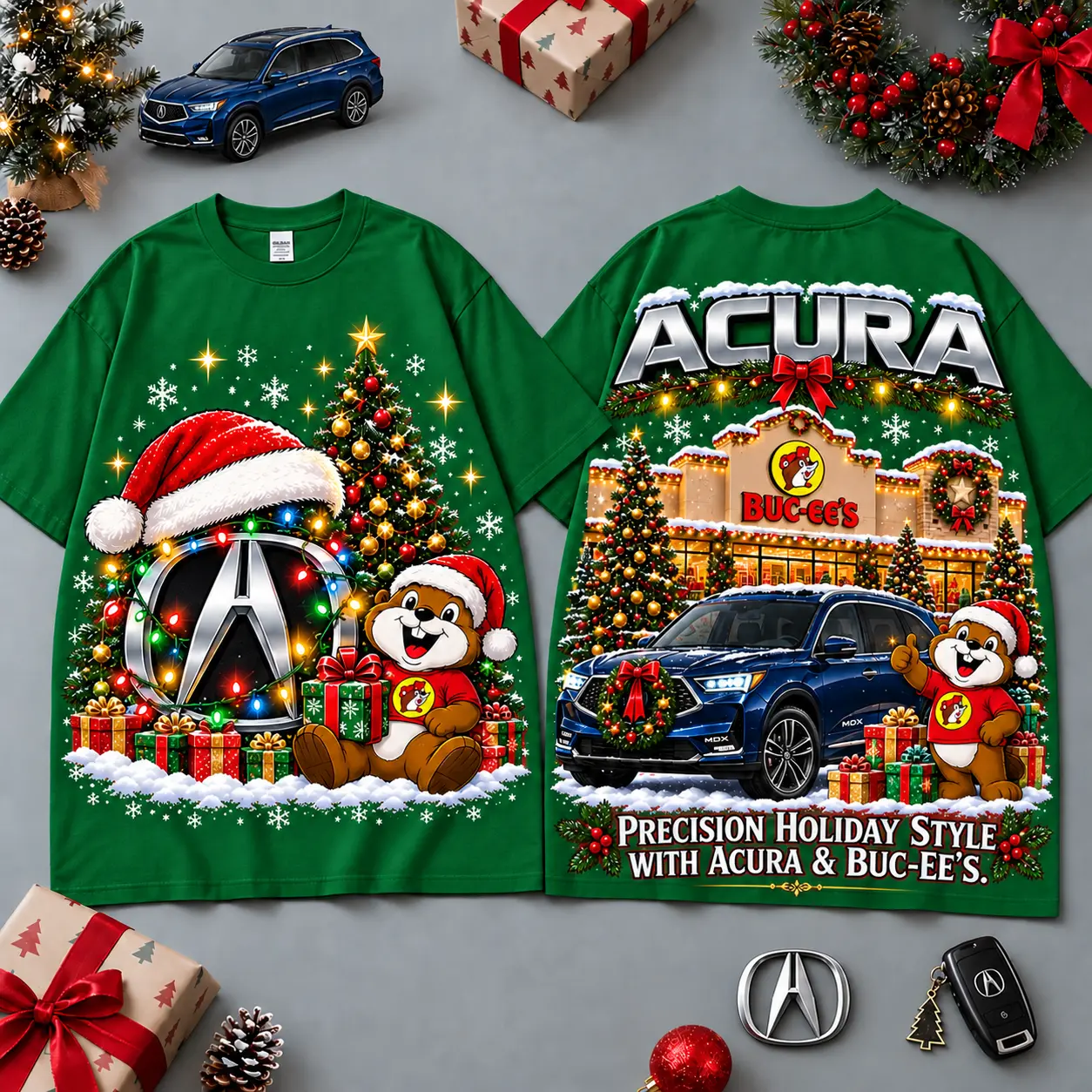 Buc-ee's Acura Christmas Cabin Car Print T-Shirt For Festive Winter Road Trips NDN Green
