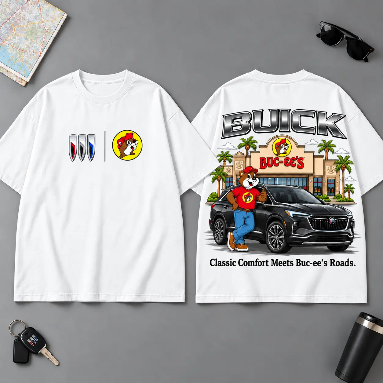 Buc-ee's Buick Wheels Of Style Road Trip 3D T-Shirt For Adventure Drivers NDN White