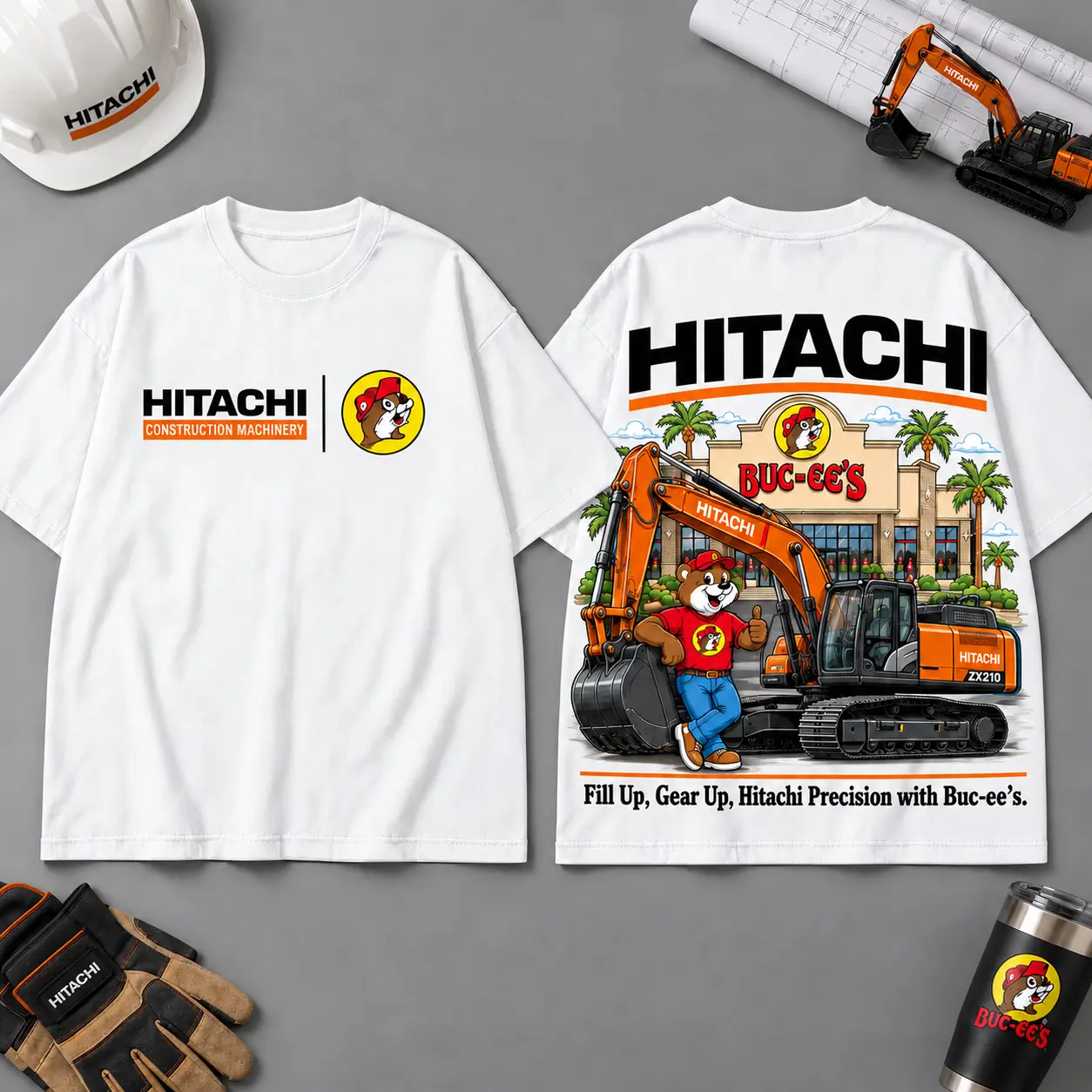 Buc-ee's HITACHI Construction Collage 3D T-Shirt For Heavy Equipment Road Trip Collectors NDN White