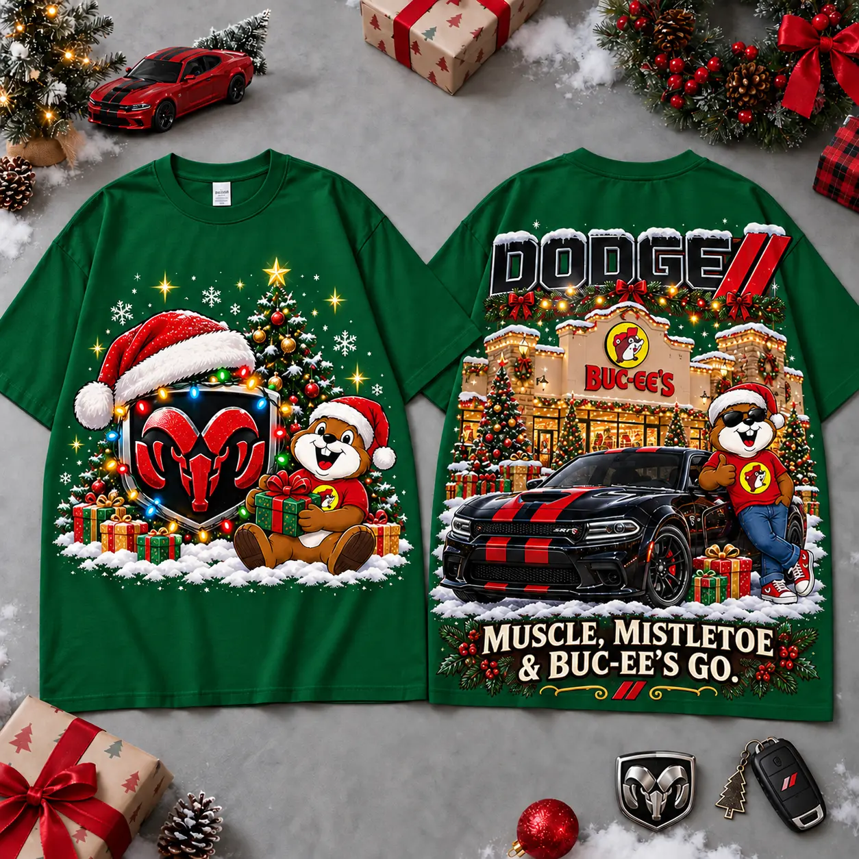Buc-ee's Dodge Christmas Cabin Car Print T-Shirt For Festive Winter Road Trips NDN Green