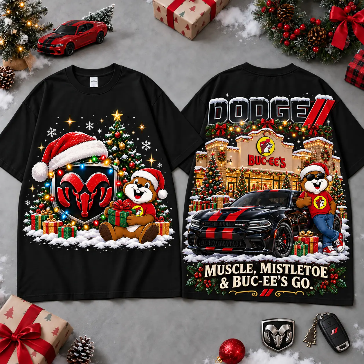 Buc-ee's Dodge Christmas Cabin Car Print T-Shirt For Festive Winter Road Trips NDN Black