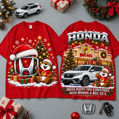 Buc-ee's Honda Christmas Cabin Car Print T-Shirt For Festive Winter Road Trips NDN Red