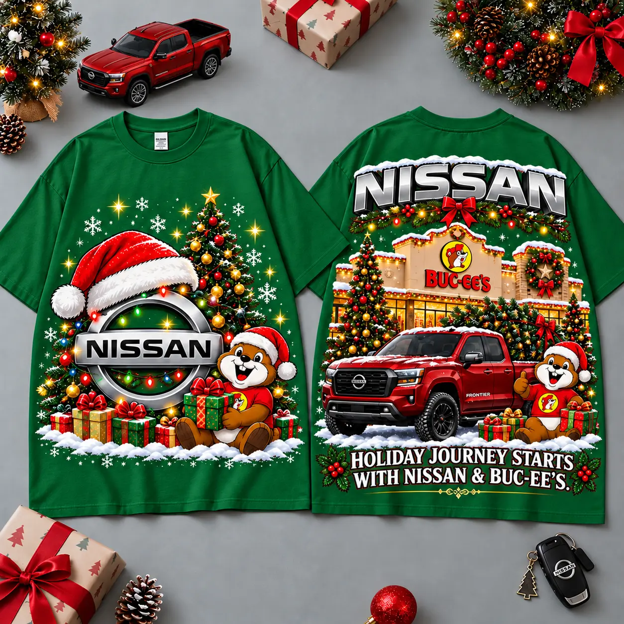 Buc-ee's Nissan Christmas Cabin Car Print T-Shirt For Festive Winter Road Trips NDN Green