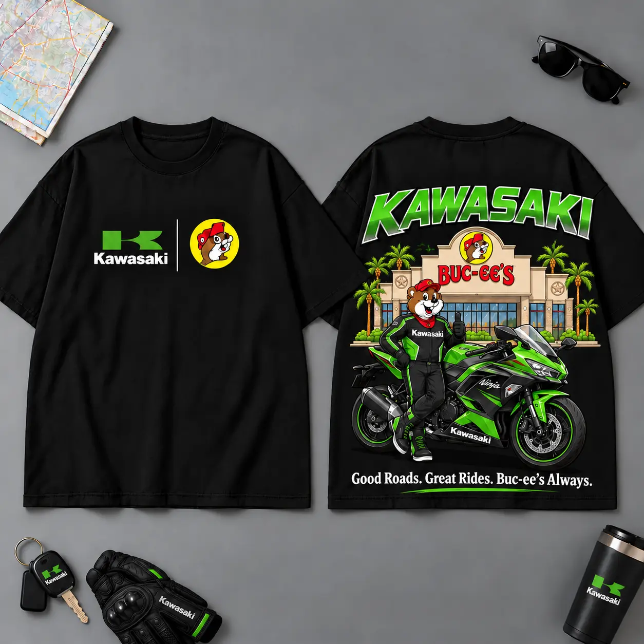 Buc-ee's Kawasaki Good Roads Great Rides Buc-ee's Always 3D T-Shirt For Motorcycle Adventure Riders NDN Black