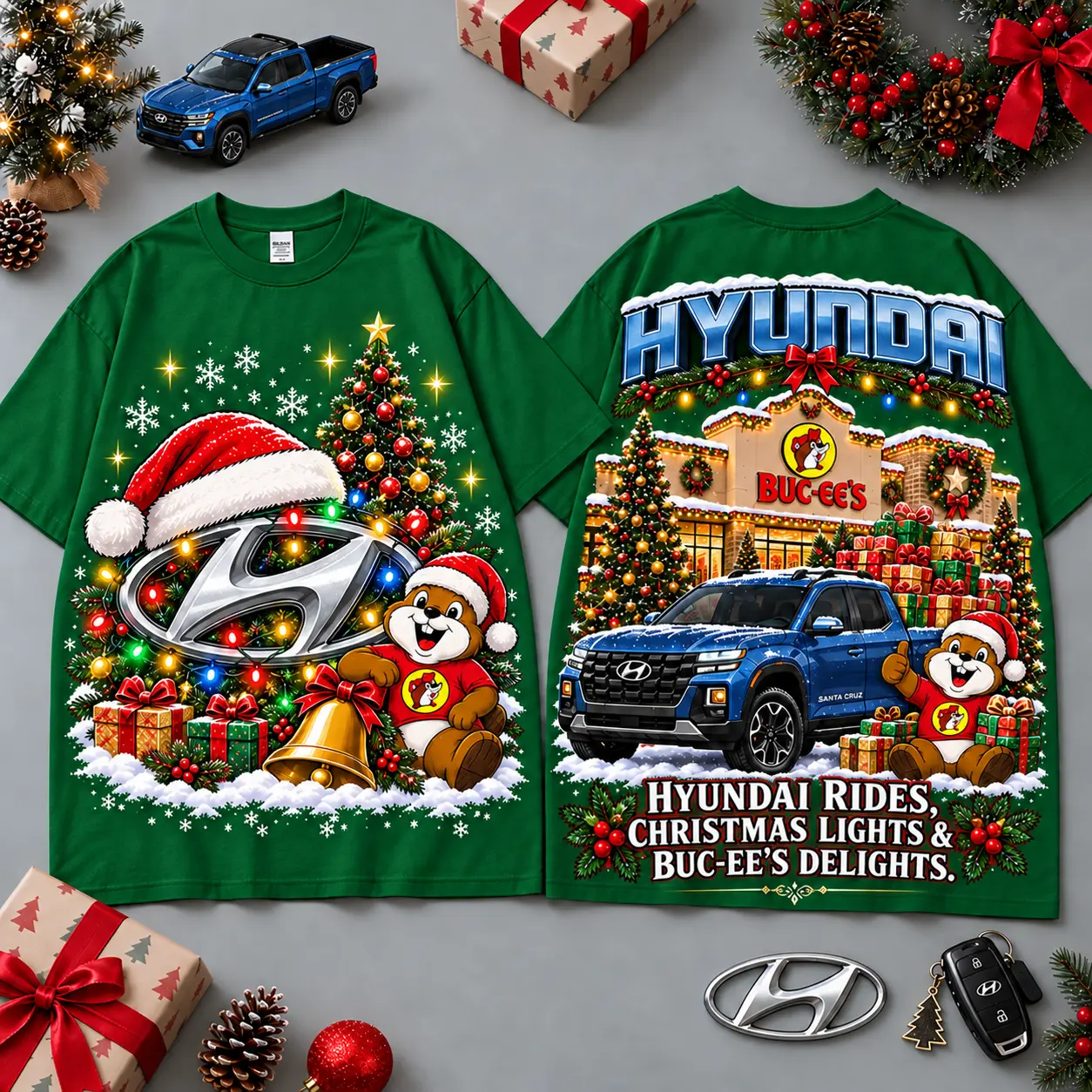 Buc-ee's Hyundai Christmas Cabin Car Print T-Shirt For Festive Winter Road Trips NDN Green