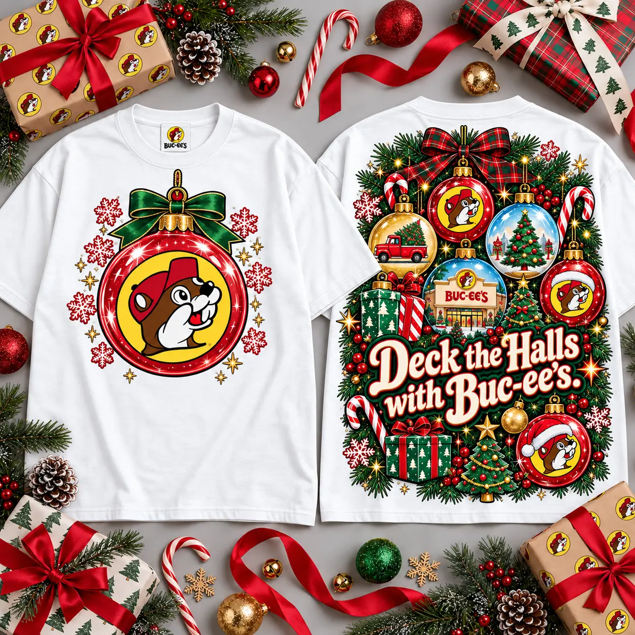 Buc-ee's Deck The Halls Buc-ee's Ornament Design All Over Print T-Shirt For Festive Holiday Road Trips NDN White