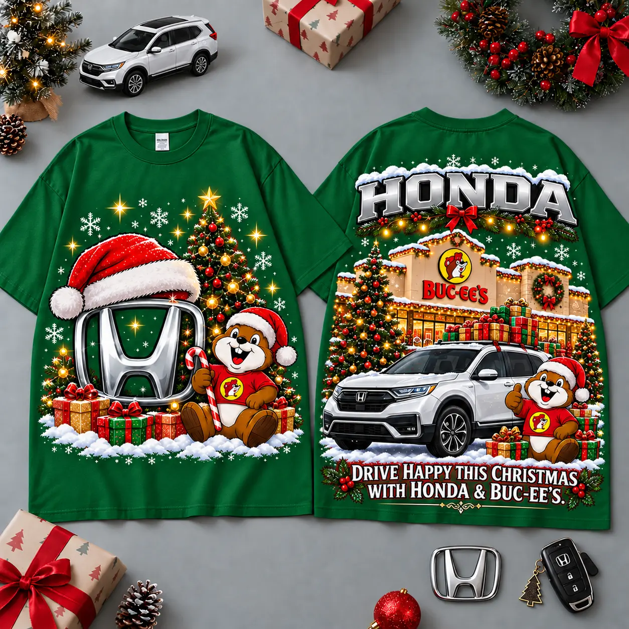 Buc-ee's Honda Christmas Cabin Car Print T-Shirt For Festive Winter Road Trips NDN Green