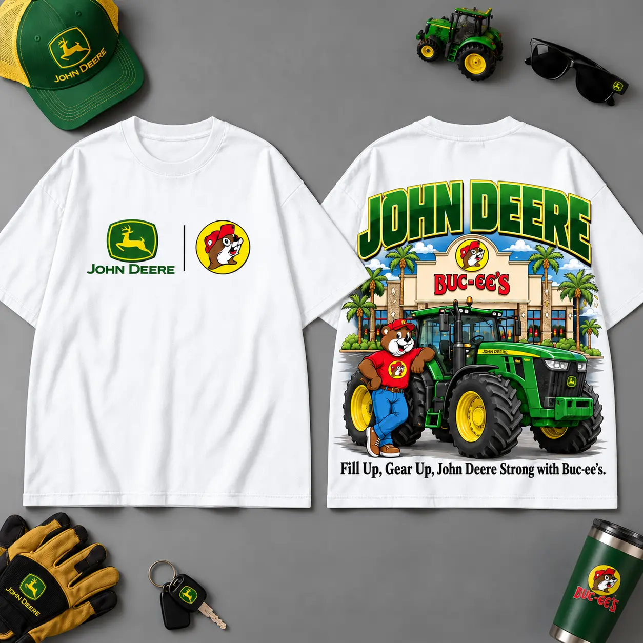 Buc-ee's JOHN DEERE Construction Collage 3D T-Shirt For Heavy Equipment Road Trip Collectors NDN White