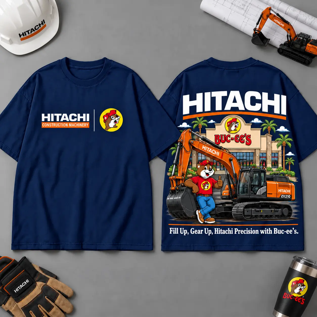 Buc-ee's HITACHI Construction Collage 3D T-Shirt For Heavy Equipment Road Trip Collectors NDN Navy