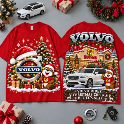 Buc-ee's Volvo Christmas Cabin Car Print T-Shirt For Festive Winter Road Trips NDN Red
