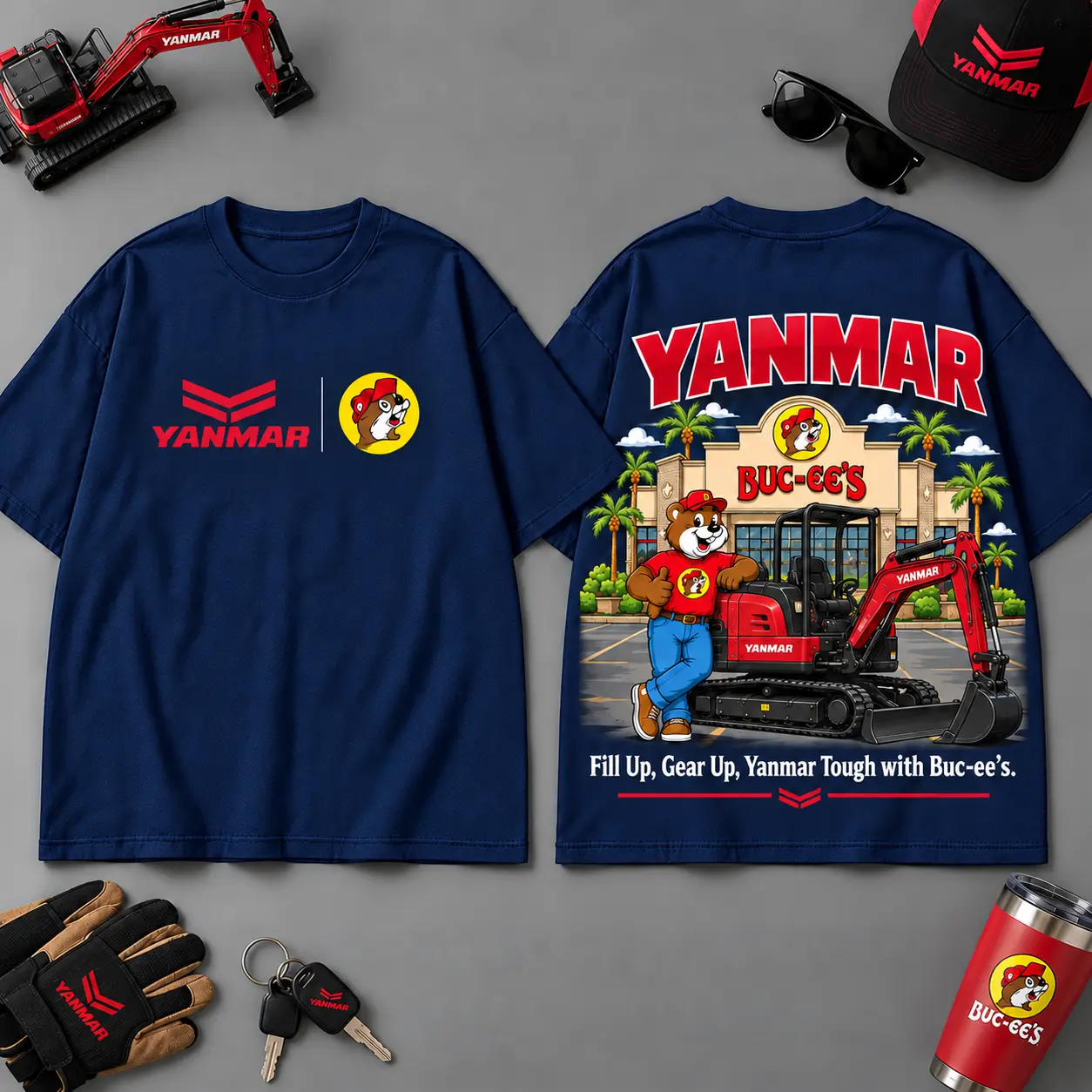 Buc-ee's YANMAR Construction Collage 3D T-Shirt For Heavy Equipment Road Trip Collectors NDN Navy