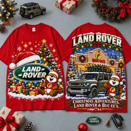 Buc-ee's Land Rover Christmas Cabin Car Print T-Shirt For Festive Winter Road Trips NDN Red