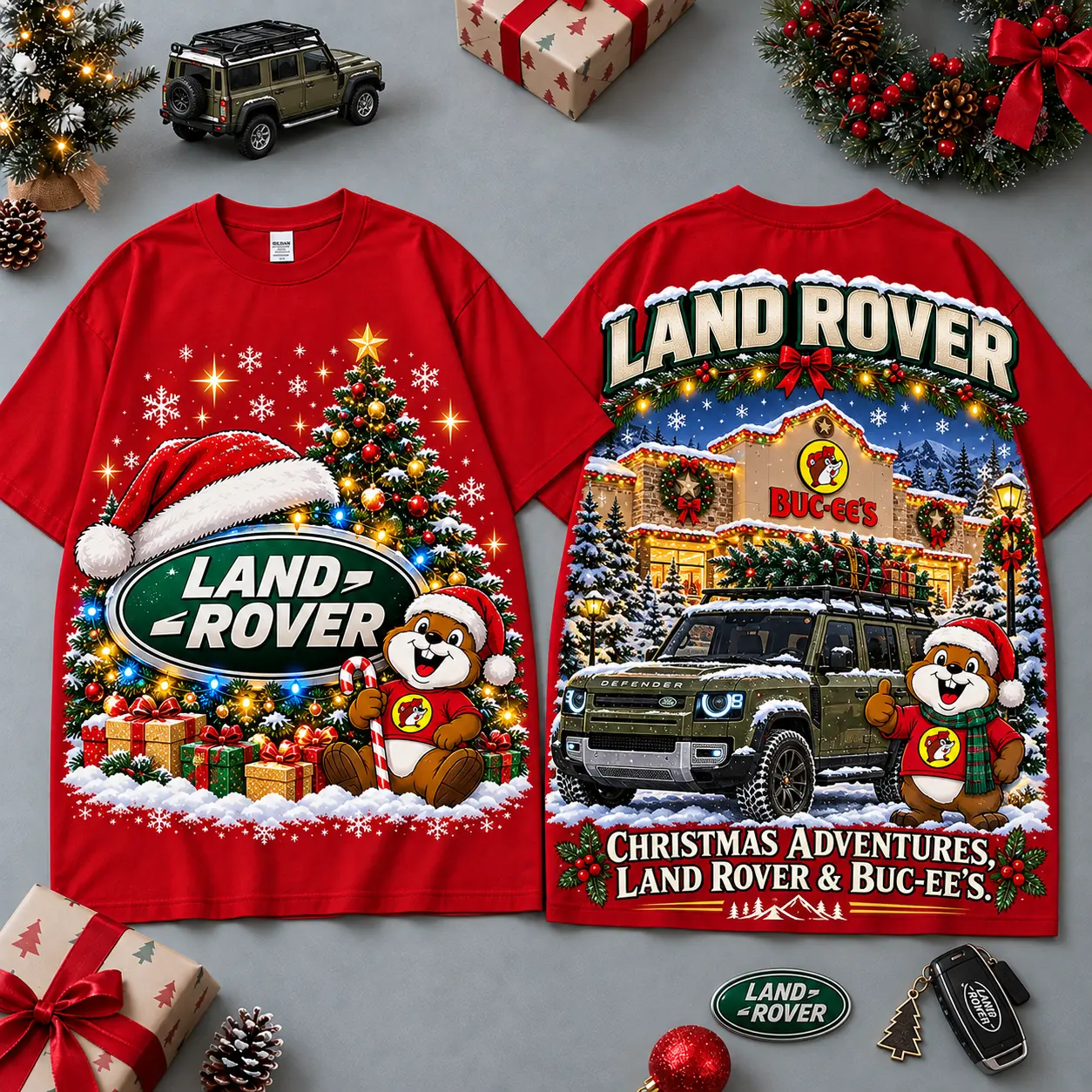 Buc-ee's Land Rover Christmas Cabin Car Print T-Shirt For Festive Winter Road Trips NDN Red