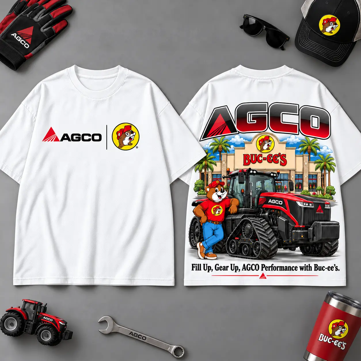 Buc-ee's AGCO Construction Collage 3D T-Shirt For Heavy Equipment Road Trip Collectors NDN White
