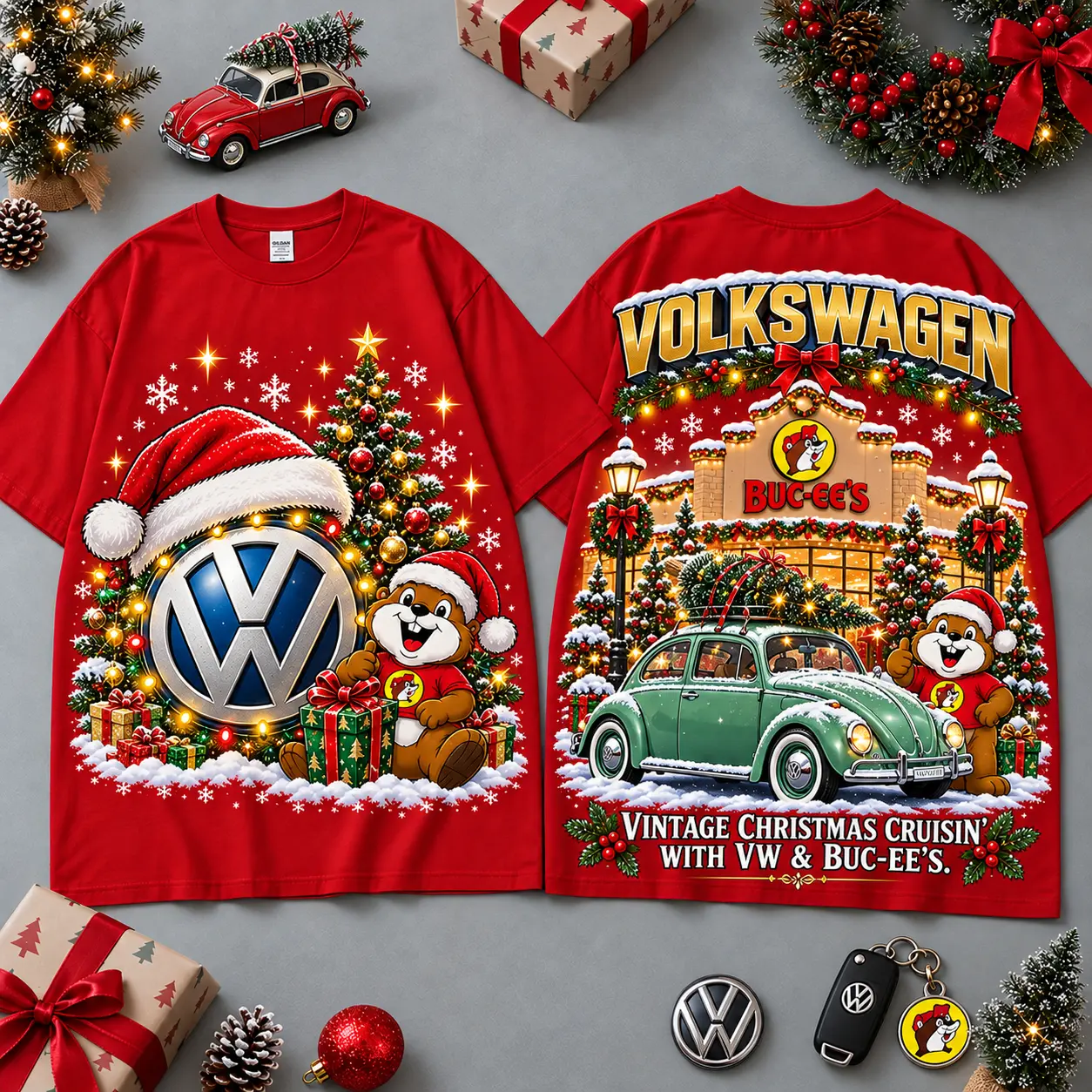 Buc-ee's Volkswagen Christmas Cabin Car Print T-Shirt For Festive Winter Road Trips NDN Red