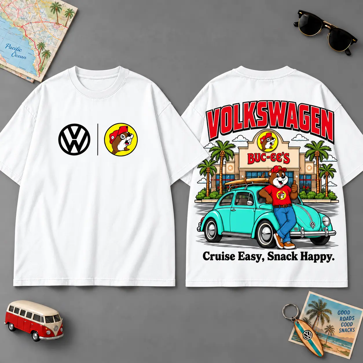 Buc-ee's Volkswagen Easy Cruise Road Trip 3D T-Shirt For Classic Car Fans NDN White