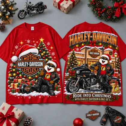 Buc-ee's Harley Davidson Christmas Cabin Motorcycle Print T-Shirt For Festive Winter Road Trips NDN Red