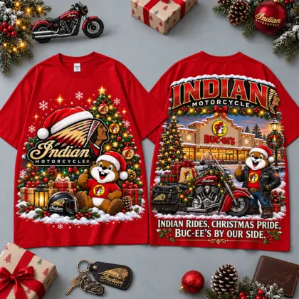 Buc-ee's Indian Motorcycle Christmas Cabin Motorcycle Print T-Shirt For Festive Winter Road Trips NDN Red