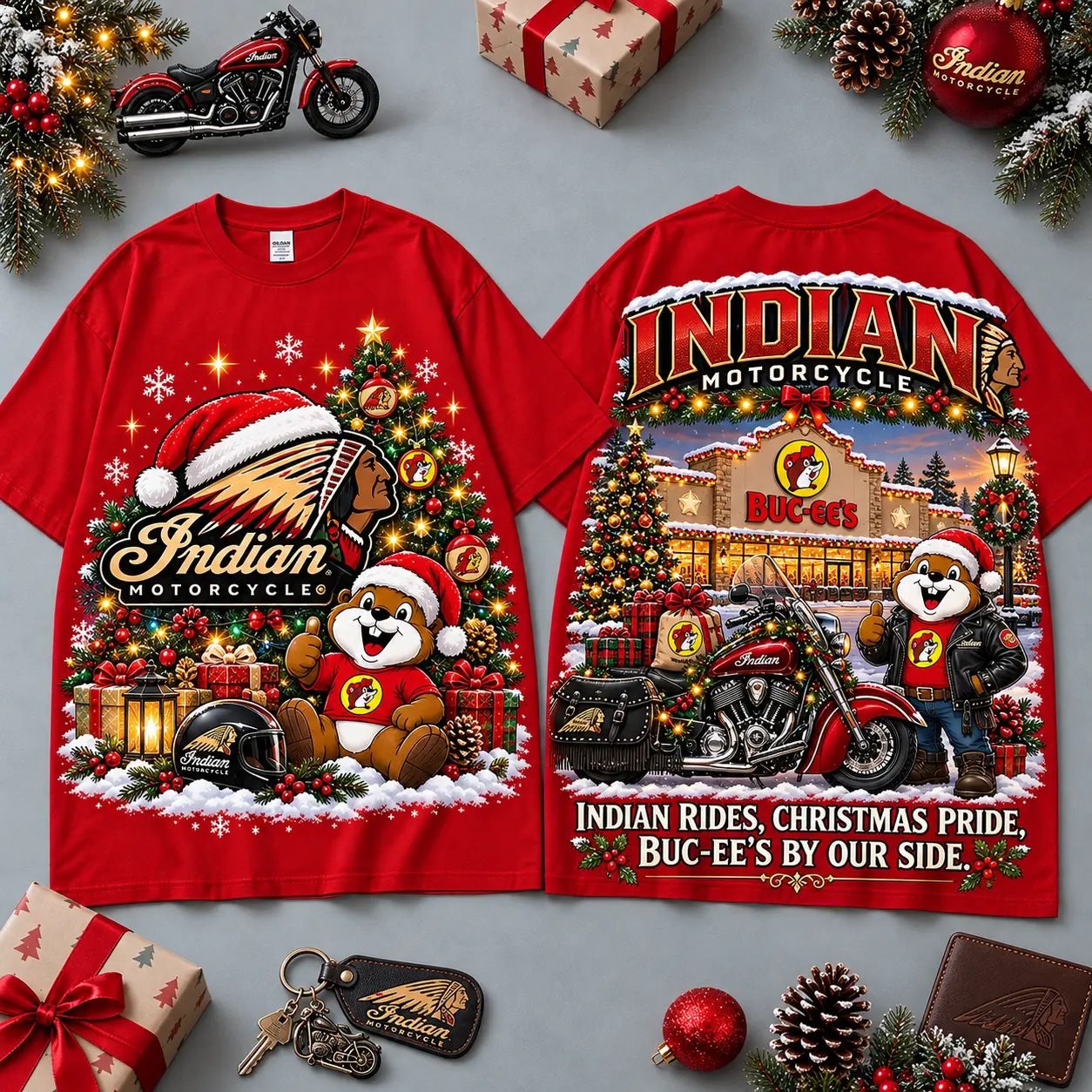 Buc-ee's Indian Motorcycle Christmas Cabin Motorcycle Print T-Shirt For Festive Winter Road Trips NDN Red