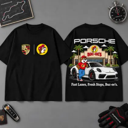 Buc-ee's Porsche Fast Lane Road Trip 3D T-Shirt For Sports Car Fans NDN Black