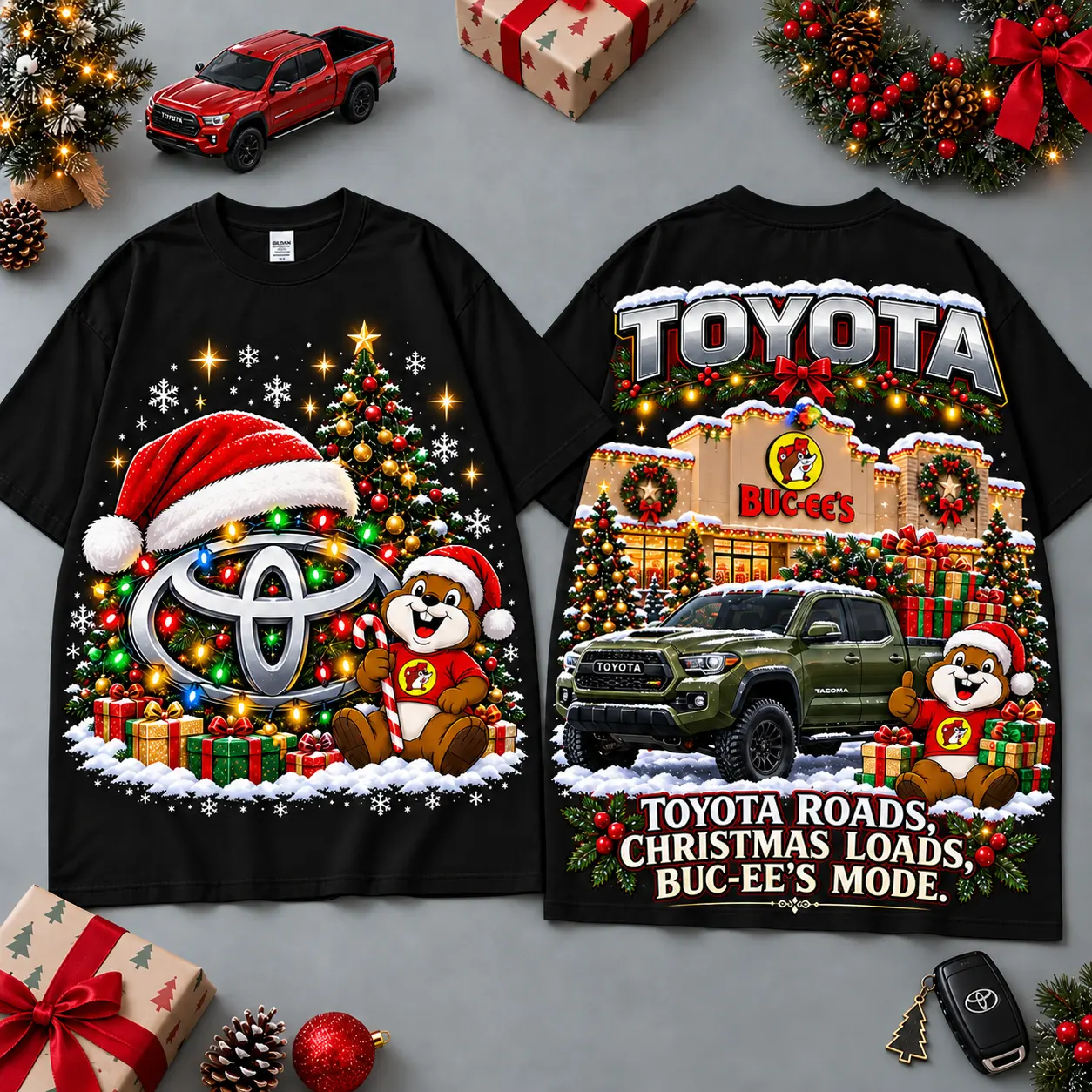 Buc-ee's Toyota Christmas Cabin Car Print T-Shirt For Festive Winter Road Trips NDN Black