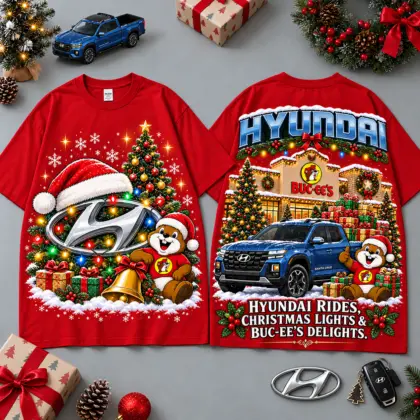 Buc-ee's Hyundai Christmas Cabin Car Print T-Shirt For Festive Winter Road Trips NDN Red