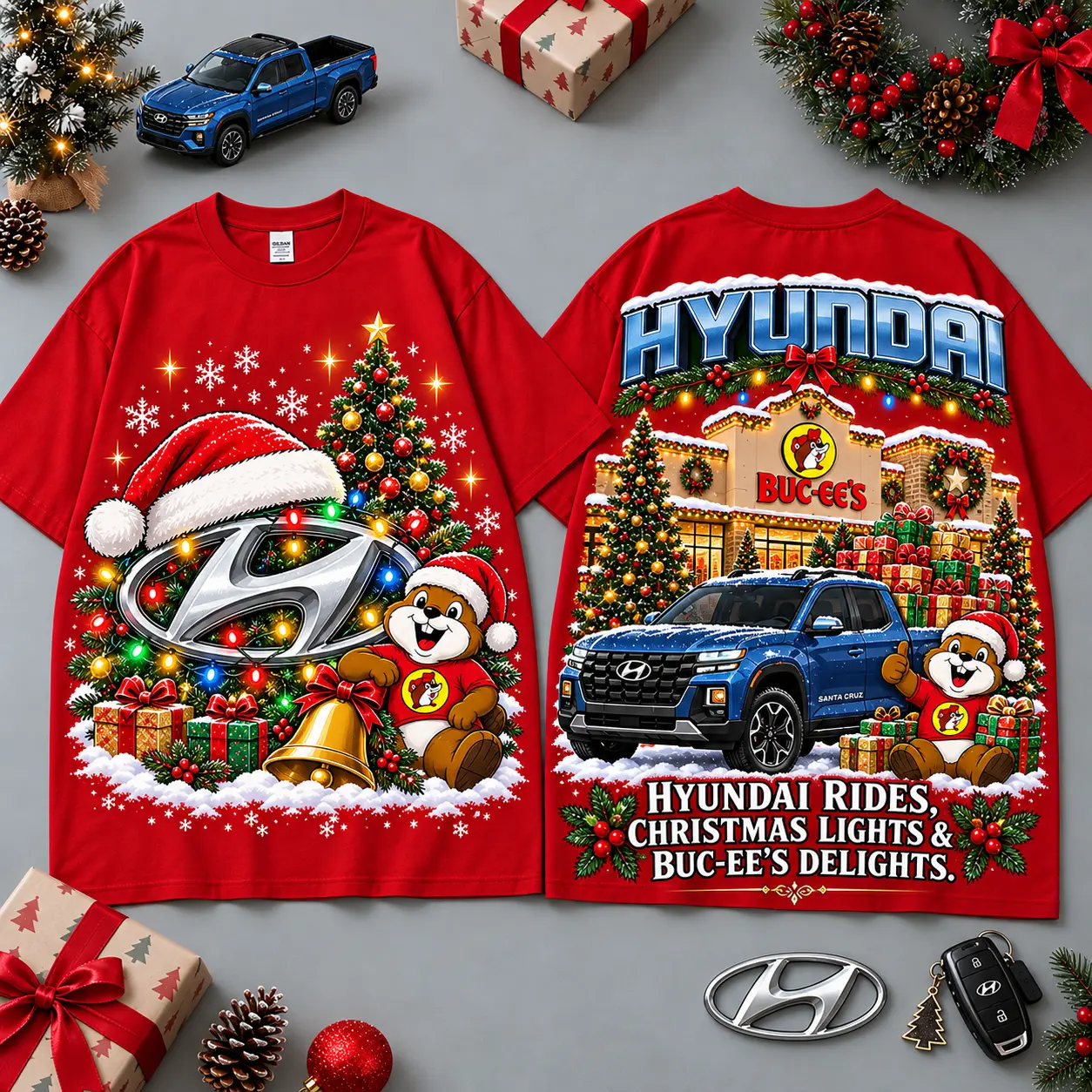Buc-ee's Hyundai Christmas Cabin Car Print T-Shirt For Festive Winter Road Trips NDN Red