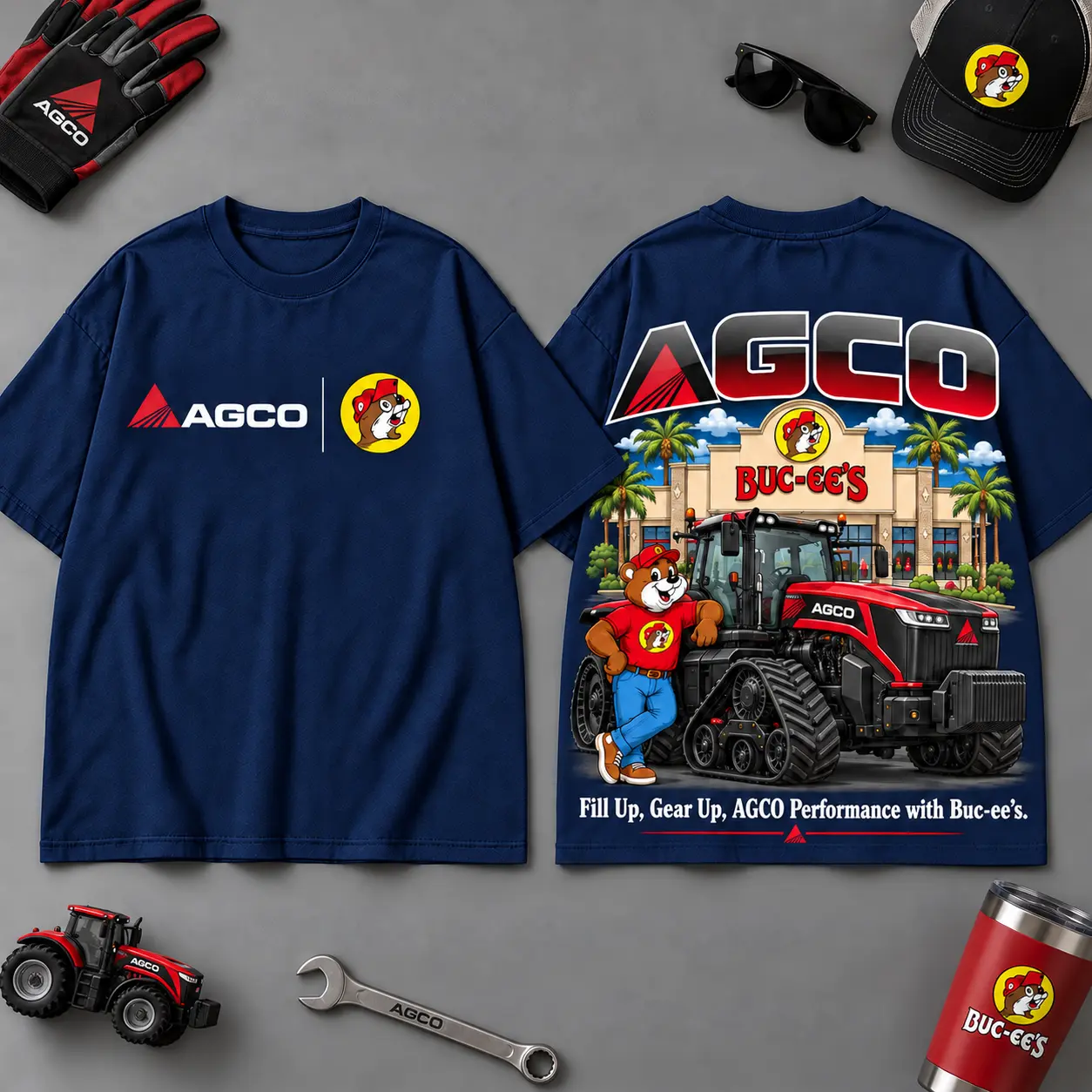 Buc-ee's AGCO Construction Collage 3D T-Shirt For Heavy Equipment Road Trip Collectors NDN Navy