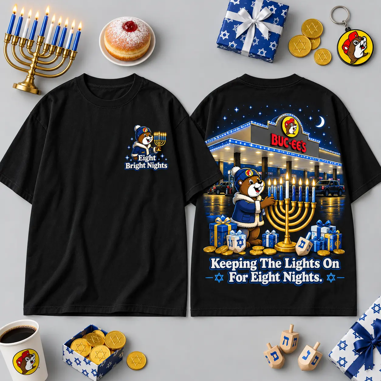 Buc-ee's Hanukkah Festival Of Lights T-Shirt For Eight Nights At One Bright Roadside Stop NDN flat