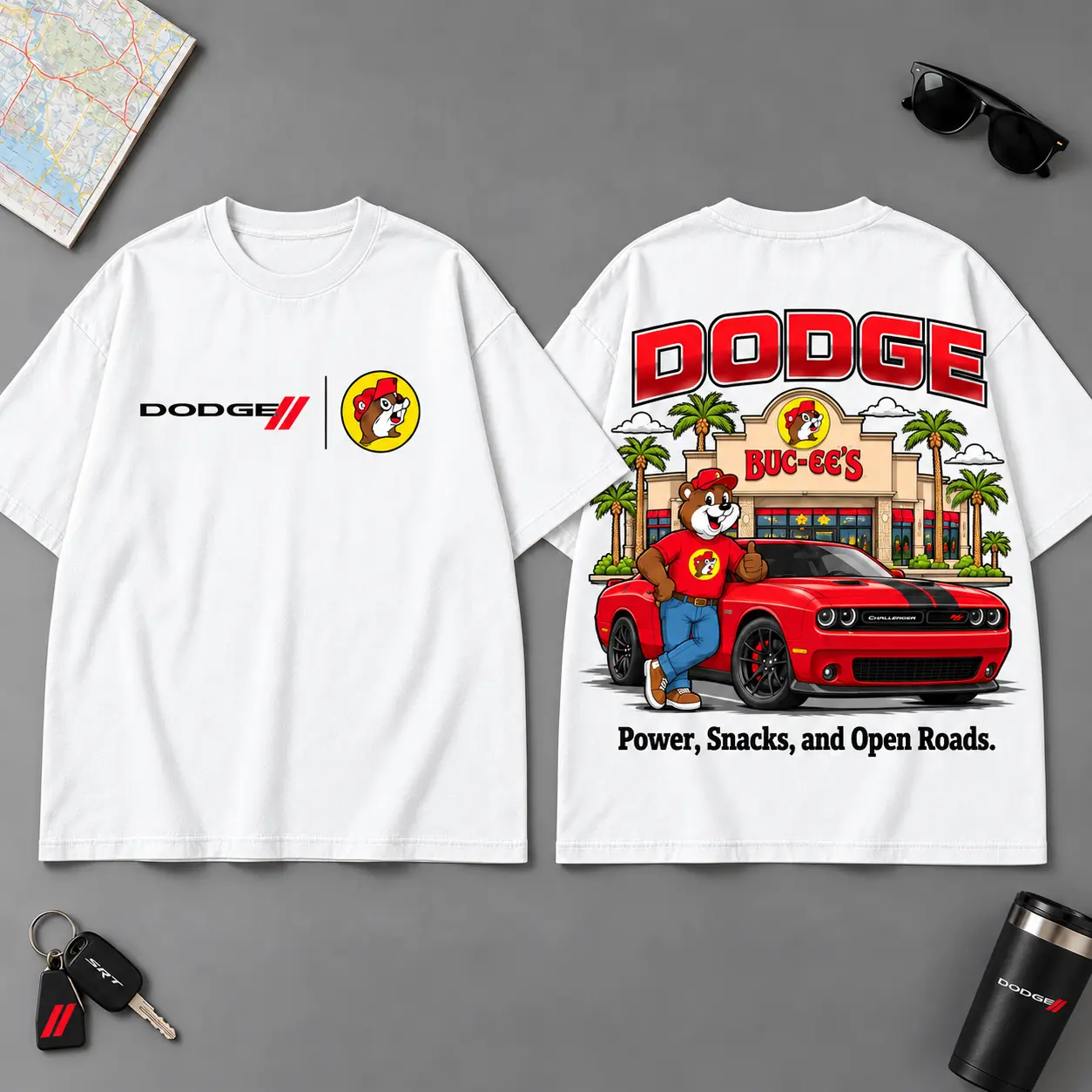 Buc-ee's Dodge Power And Open Roads 3D T-Shirt For Muscle Car Fans NDN White