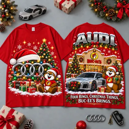 Buc-ee's Audi Christmas Cabin Car Print T-Shirt For Festive Winter Road Trips NDN Red