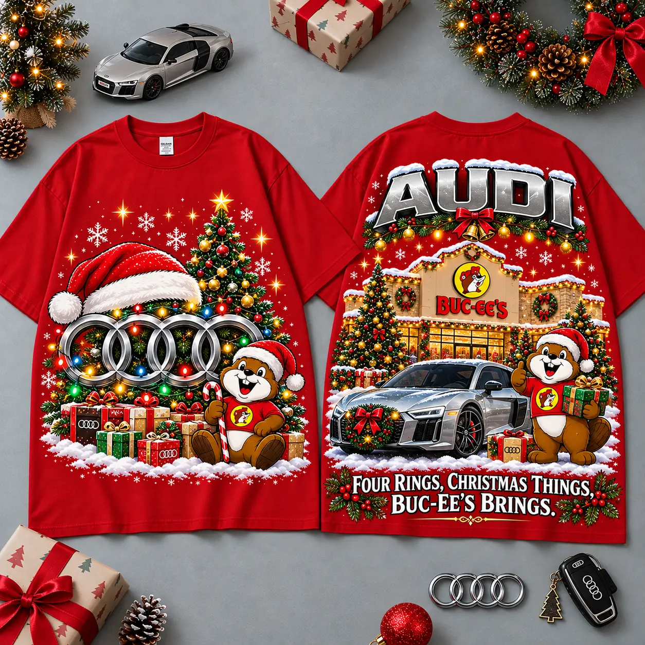 Buc-ee's Audi Christmas Cabin Car Print T-Shirt For Festive Winter Road Trips NDN Red