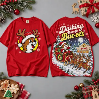 Buc-ee's Dashing Through The Snow Motorcycle Scene All Over Print T-Shirt For Festive Holiday Road Trips NDN Red
