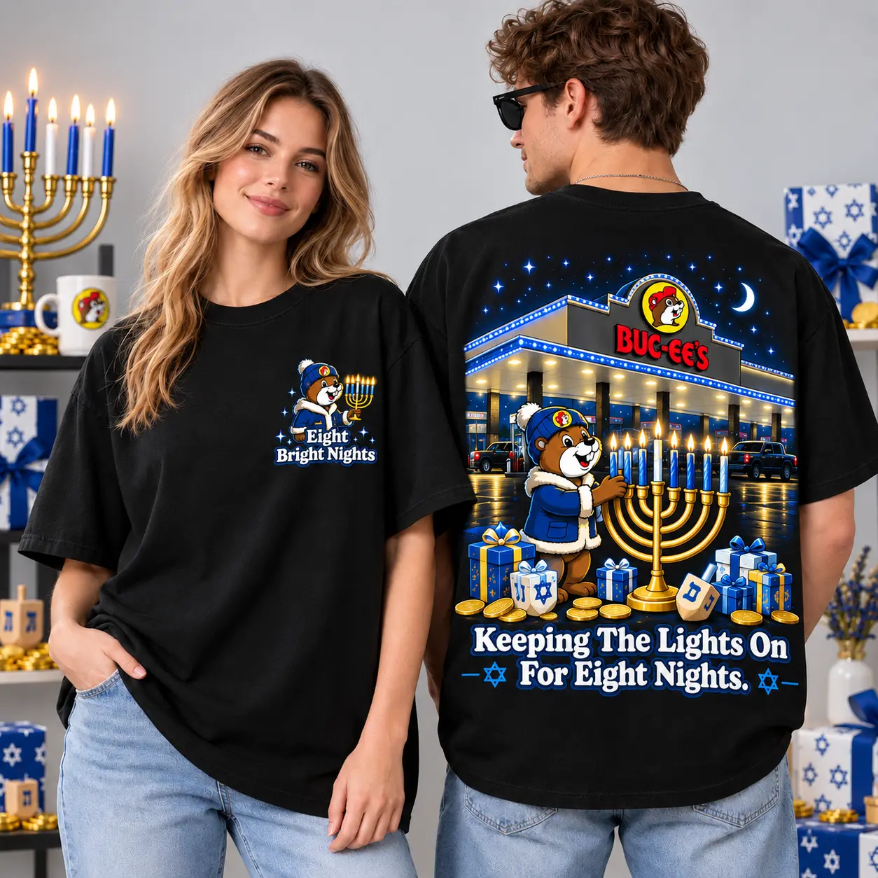 Buc-ee's Hanukkah Festival Of Lights T-Shirt For Eight Nights At One Bright Roadside Stop NDN worn