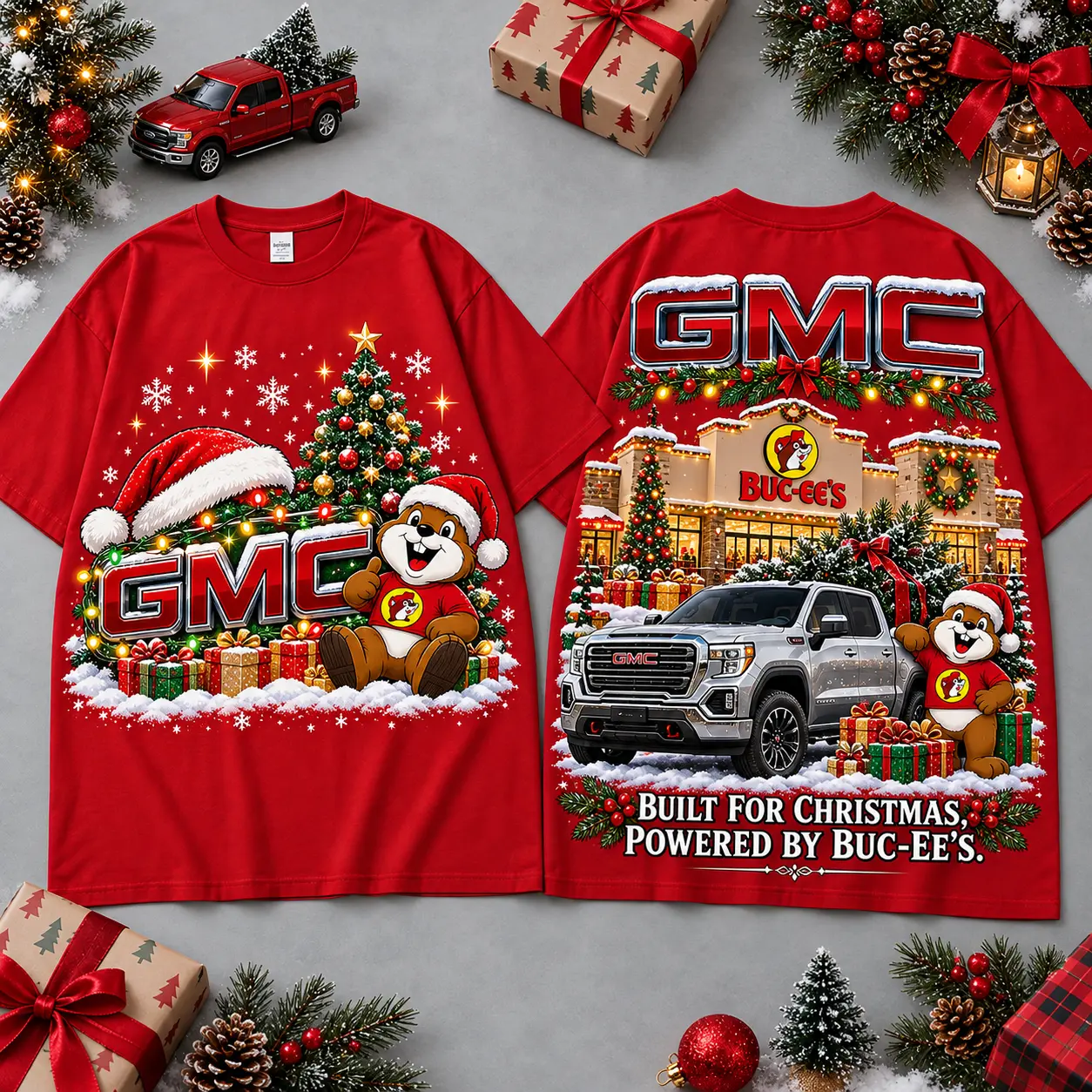 Buc-ee's GMC Christmas Cabin Car Print T-Shirt For Festive Winter Road Trips NDN Red