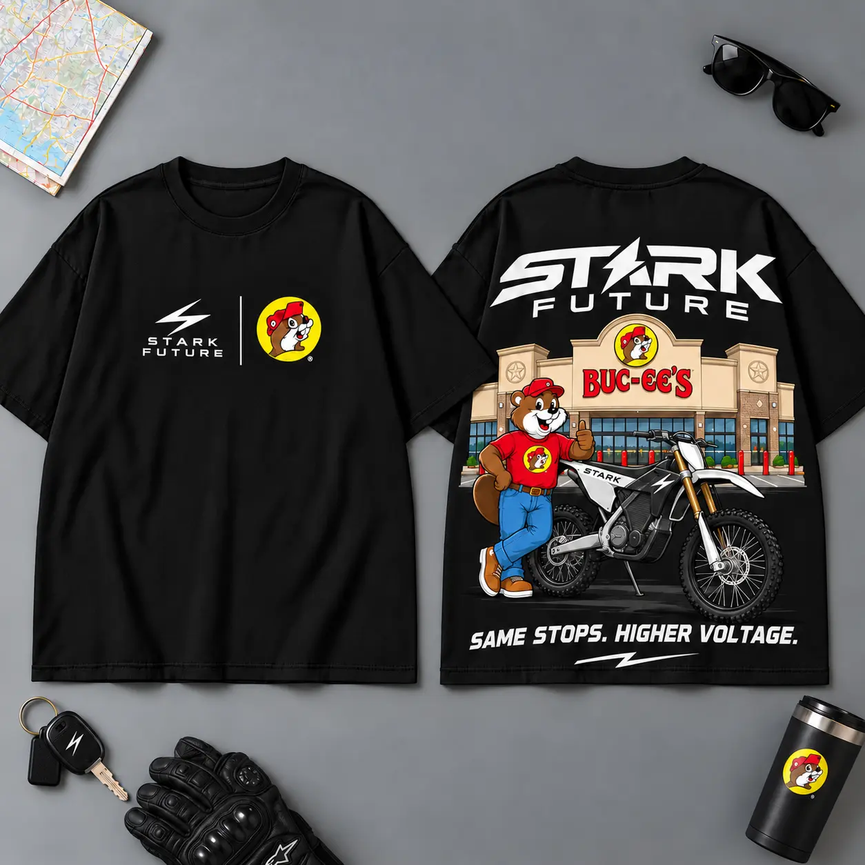 Buc-ee's Stark Future Same Stops Higher Voltage 3D T-Shirt For Motorcycle Adventure Riders NDN Black