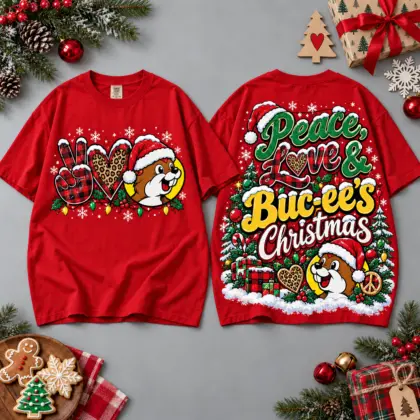 Buc-ee's Peace Love Buc-ee's Christmas Heart Hands All Over Print T-Shirt For Festive Holiday Road Trips NDN Red