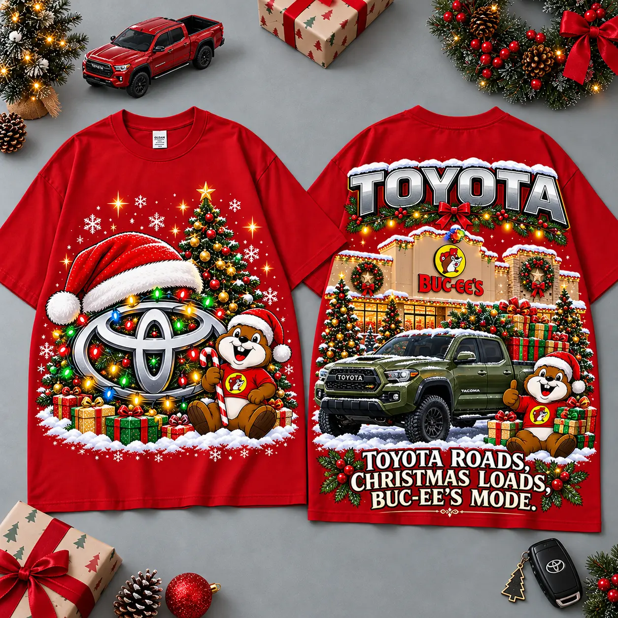 Buc-ee's Toyota Christmas Cabin Car Print T-Shirt For Festive Winter Road Trips NDN Red